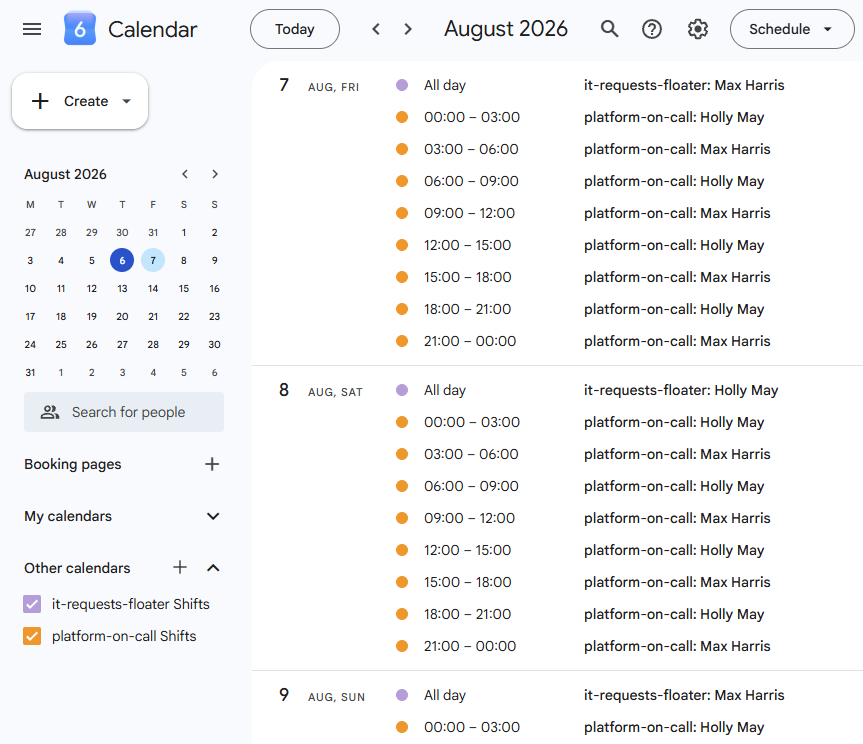 Floater's on-call shifts synced into Google Calendar, shown alongside a subscribed calendar for each rotation