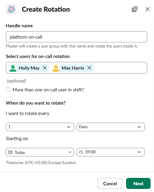 The Create Rotation modal with a handle name, two members selected, and a daily rotation starting today