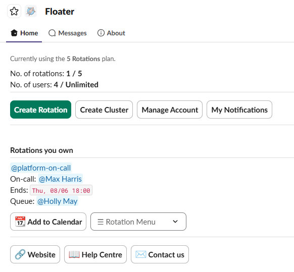 The Floater Home tab listing several rotations, each with who's on call, when their shift ends, and who's next in the queue