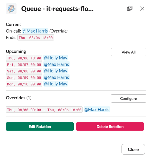 The Manage Queue modal showing who's currently on call, the upcoming shift order, and an active override